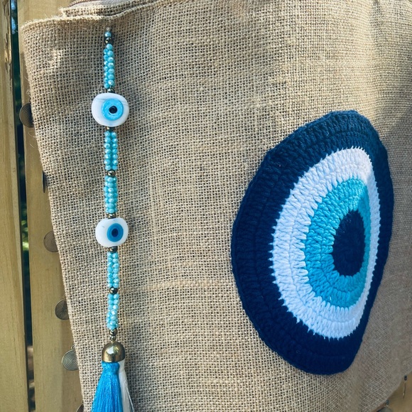 Greek Evil Eye Jute Shoulder Bag - Picture 4 of 6